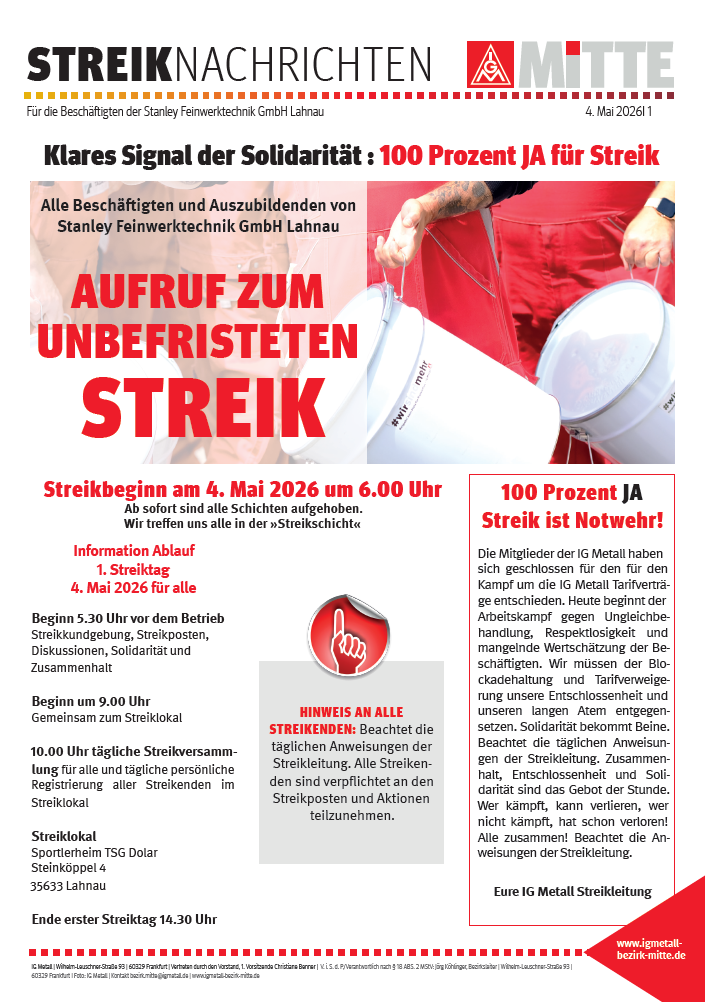 Unbefristeter Streik bei Stanley Feinwerktechnik